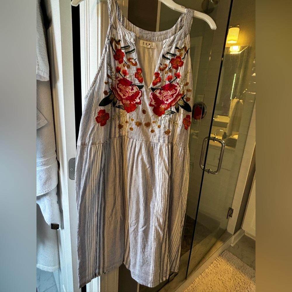 THML White & Blue Striped Sundress with Red Floral Embroidery